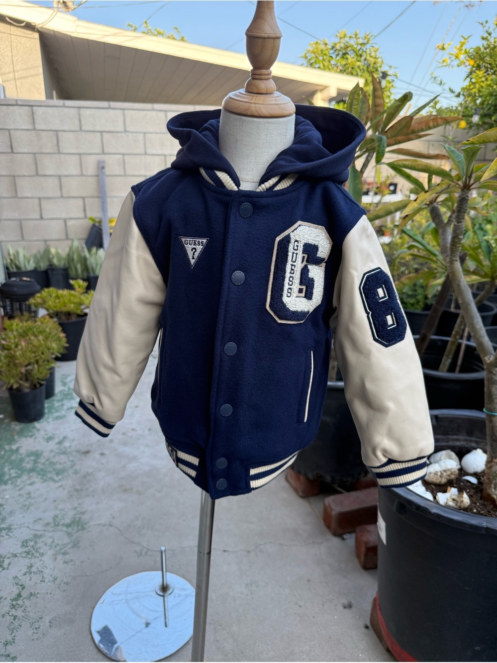 Guess Navy and Cream Hooded Varsity Jacket